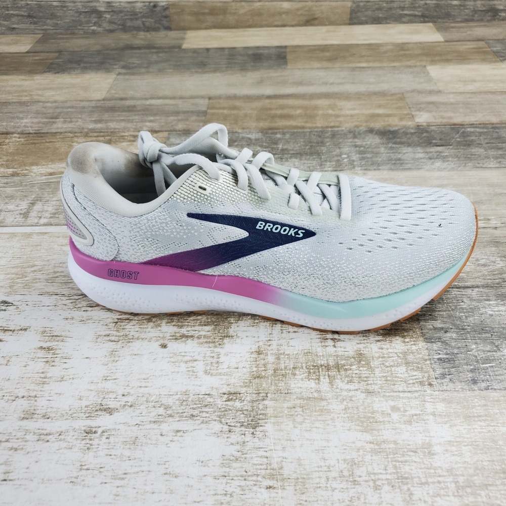 Brooks Ghost 16 Womens Shoes 9 B Running Athletic White Gray Blue Sneakers